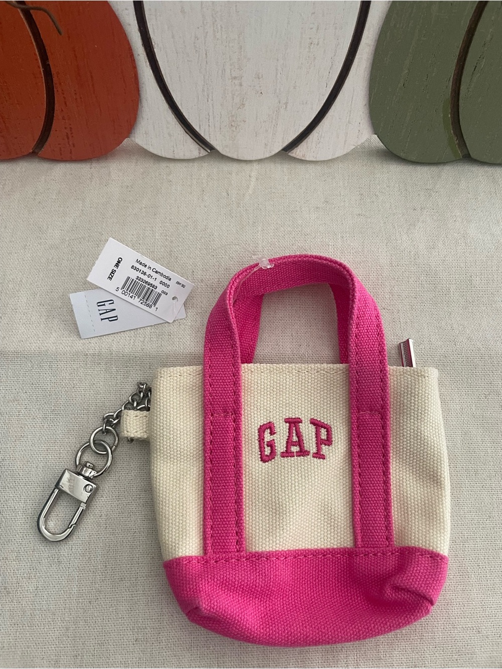 GAP Cream Canvas Mini Tote Keychain with Pink Trim